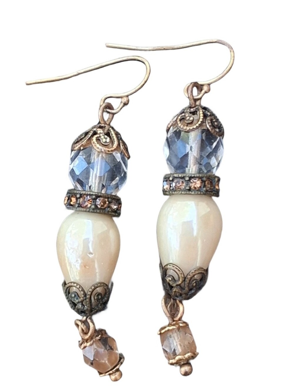 Vintage Victorian Style Brass Faceted Glass Ceramic Dangle Pierced Earrings
